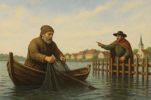 Fischer mit Netz auf der Schlei gemalt Heringszaun