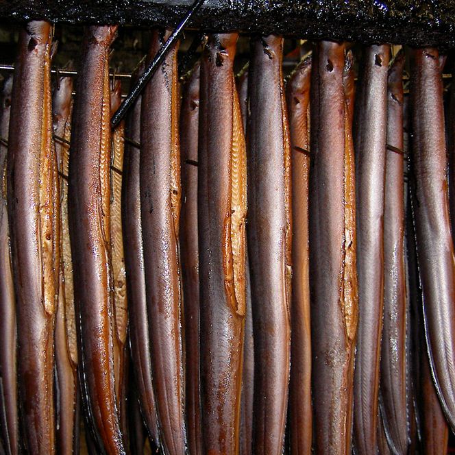 Aale im Räucherofen der Fischräucherei Föh in Kappeln